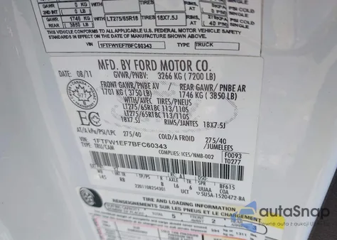 2011 Ford F-150 Fx4 from USA, damaged, VIN 1FTFW1EF7BFC60343